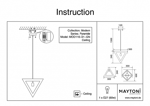 Светильник подвесной Maytoni Pyramide P110-PL-01-GN